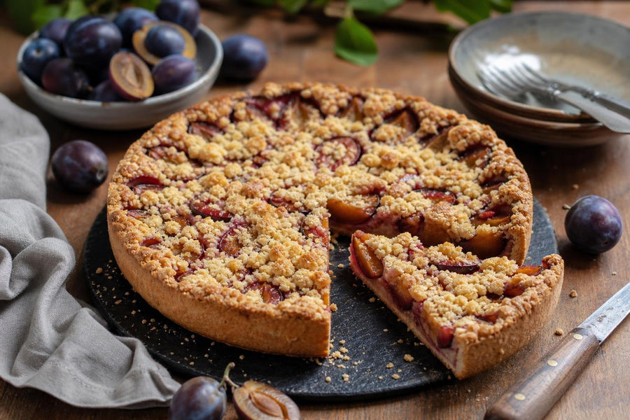 Stylová food fotografie receptu Švestkový koláč s drobenkou (Zwetschgendatschi).