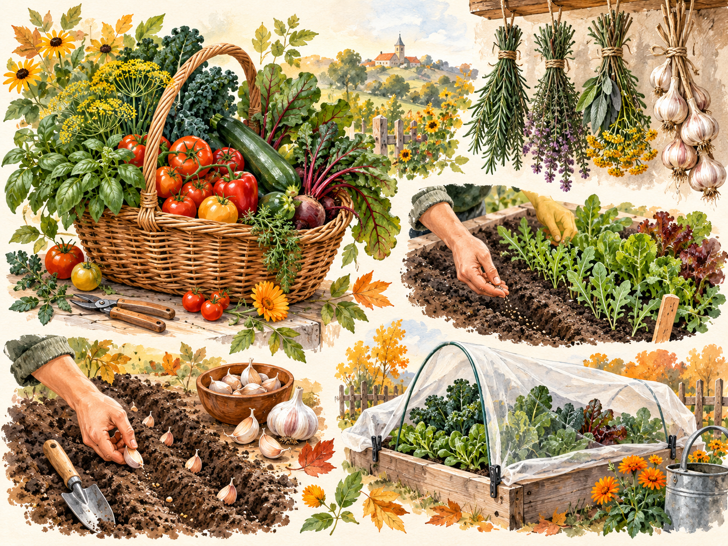 Akvarelová ilustrace čtyř zářijových kroků na jedlé zahradě: sklizeň, výsev, výsadba česneku a ochrana záhonů.
