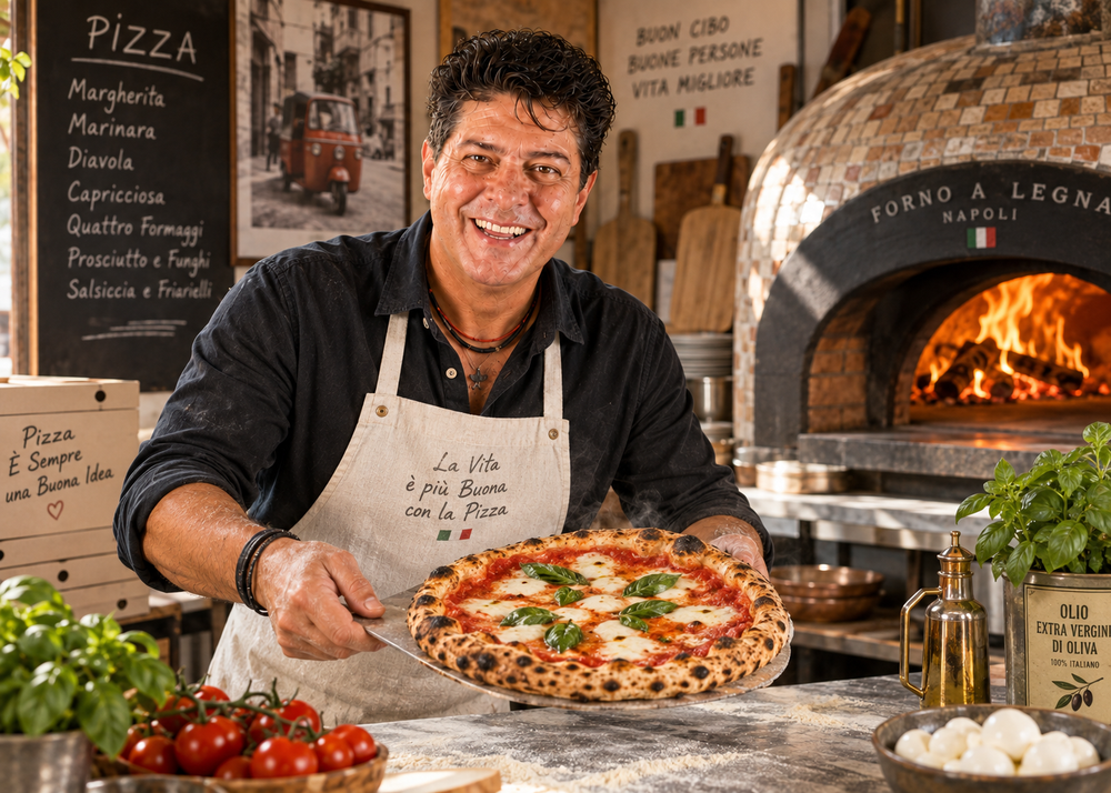 Majkl drží hotovou pizzu před rozpálenou pecí v italsky laděné pizzerii