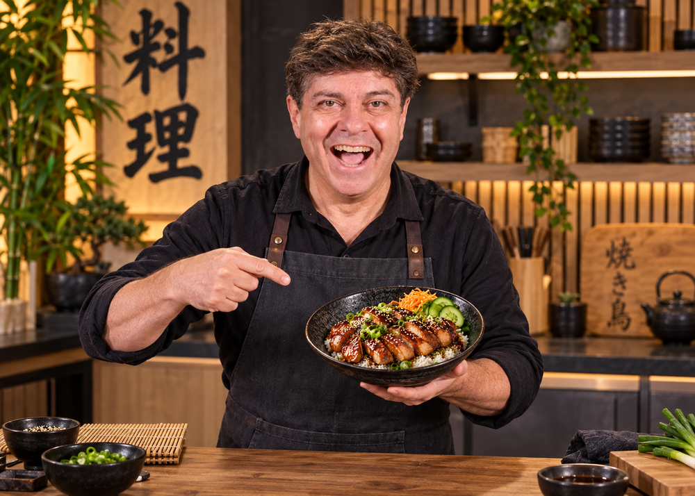 Majkl drží hotové kuřecí teriyaki v japonsky laděné kuchyni