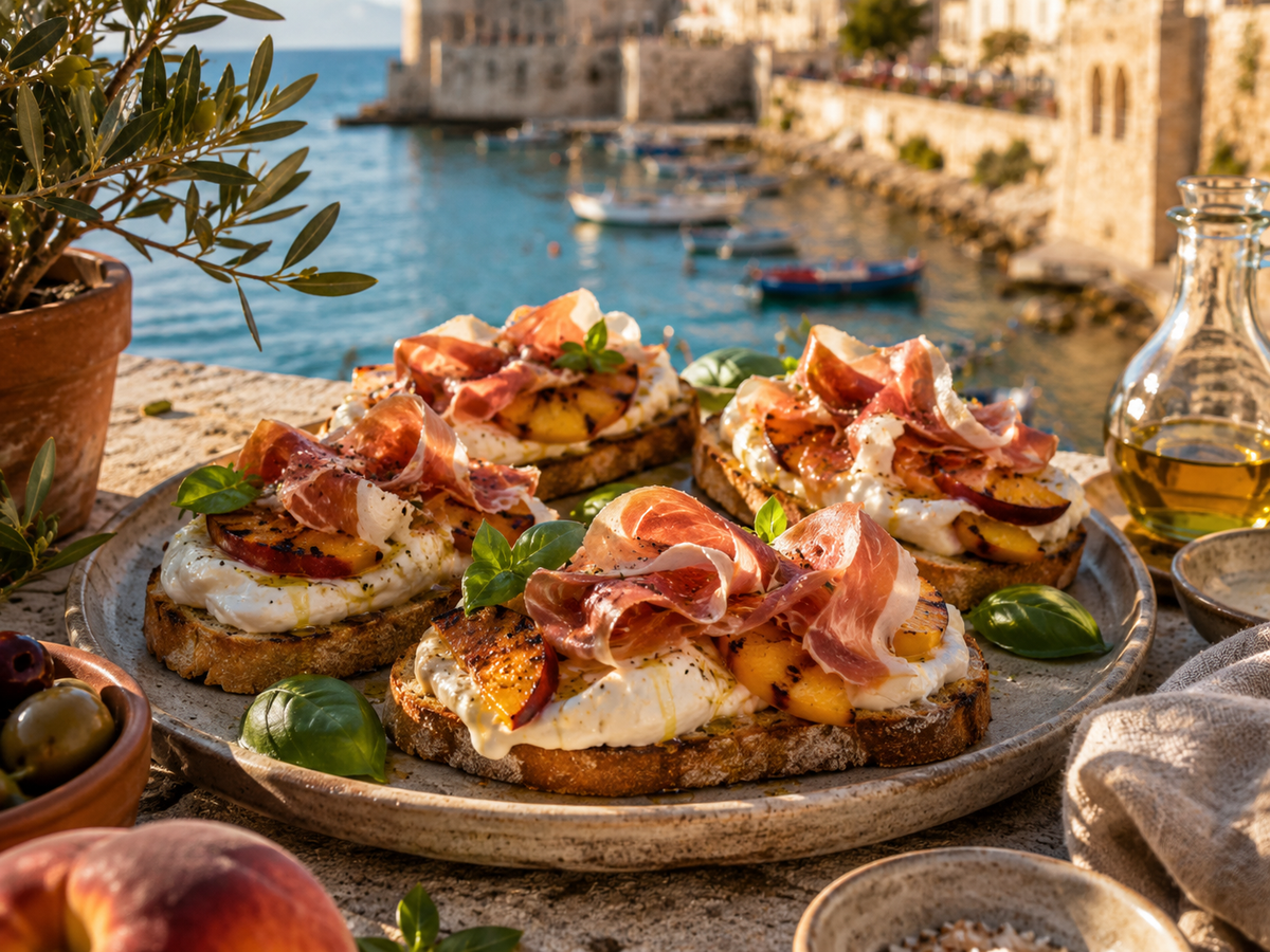 Bruschetta s broskvemi, burratou a prosciuttem