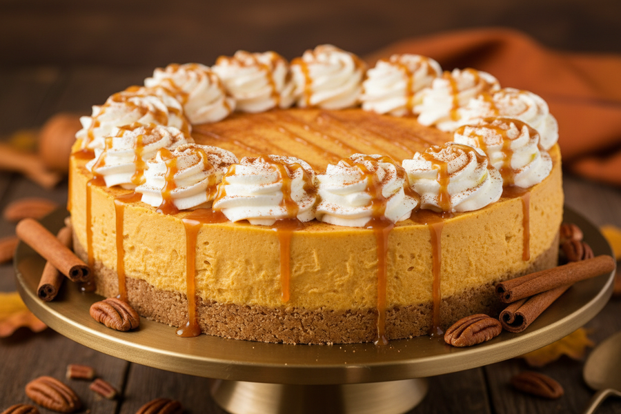 Nepečený dýňový cheesecake s pumpkin spice, šlehačkou a karamelovou omáčkou