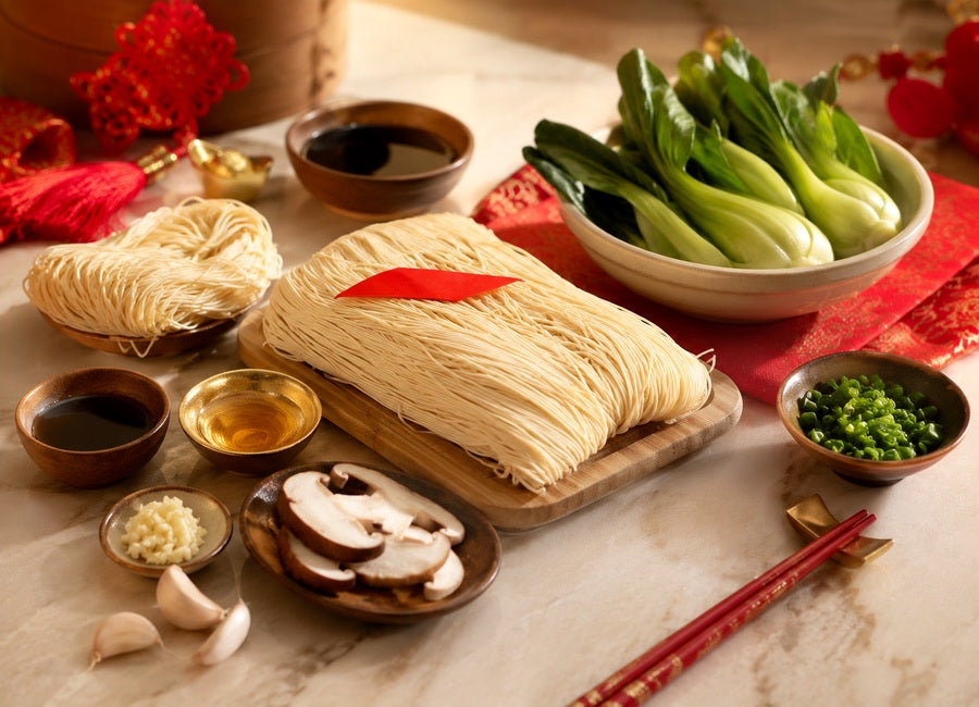 Nudle dlouhého života se shiitake a pak choi