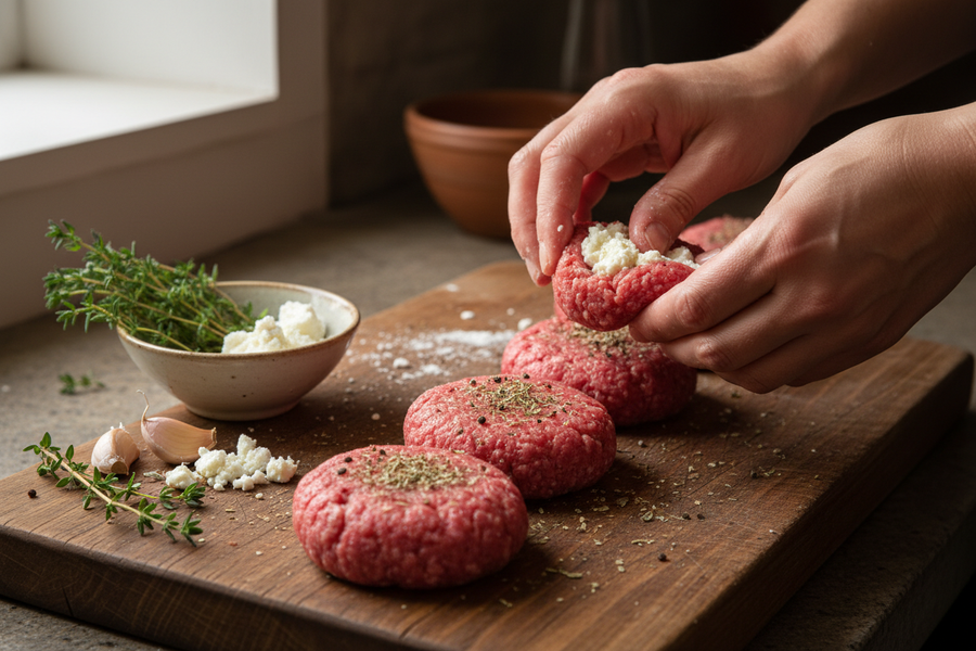 Řecké bifteki burgery plněné fetou v pita chlebu s tzatziki