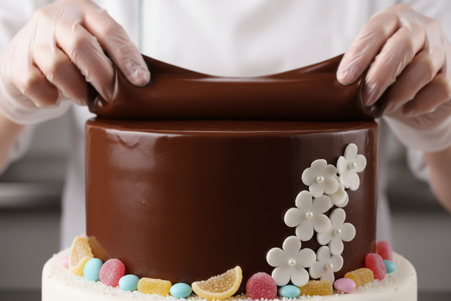 Třípatrový čokoládový dort s mascarpone krémem a fondánem