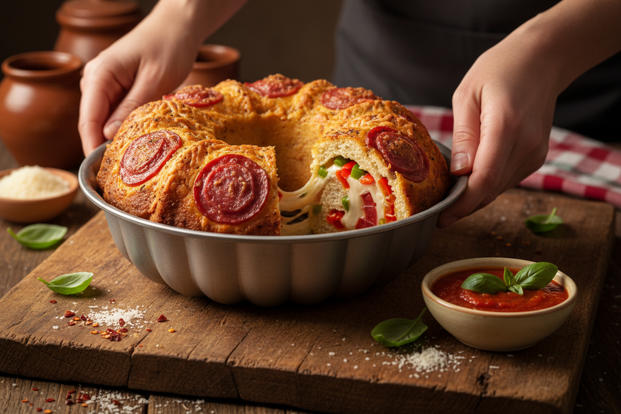 Pizza bábovka z pizzového těsta s marinara omáčkou, sýrem a paprikášem