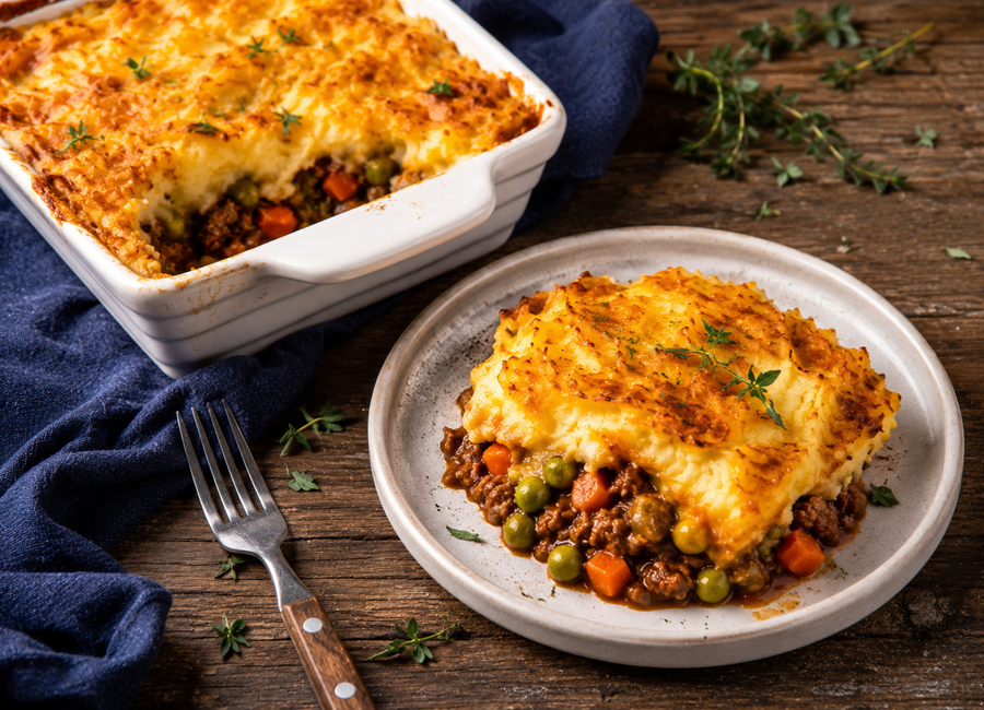 Shepherd’s Pie s jehněčím masem – porce se zlatou bramborovou kaší a zeleninou