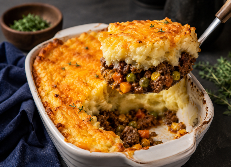 Shepherd’s Pie s jehněčím masem – servírování porce z pečicí mísy