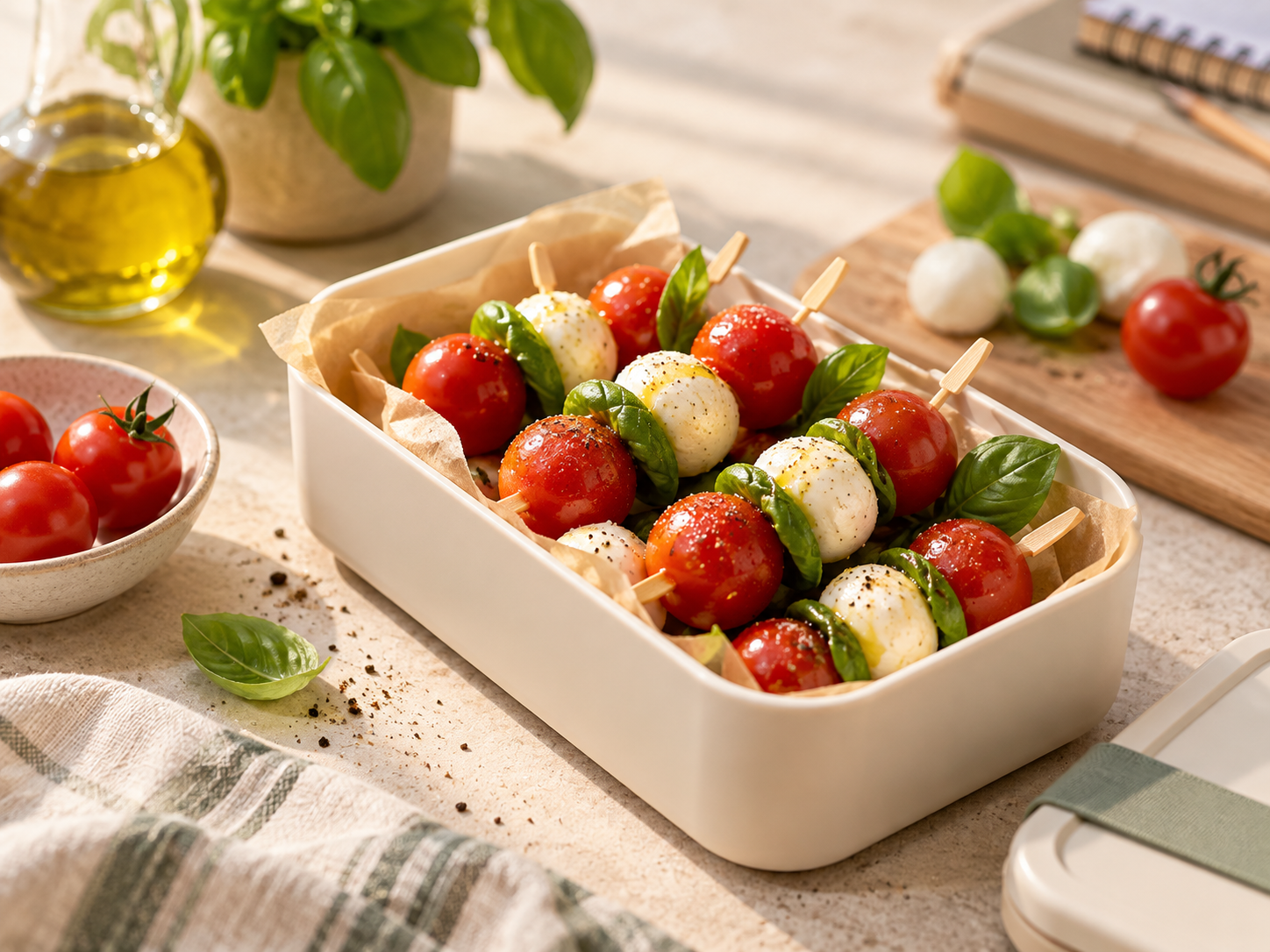 Caprese špízy z cherry rajčat, mini mozzarelly a bazalky připravené ve školní krabičce.