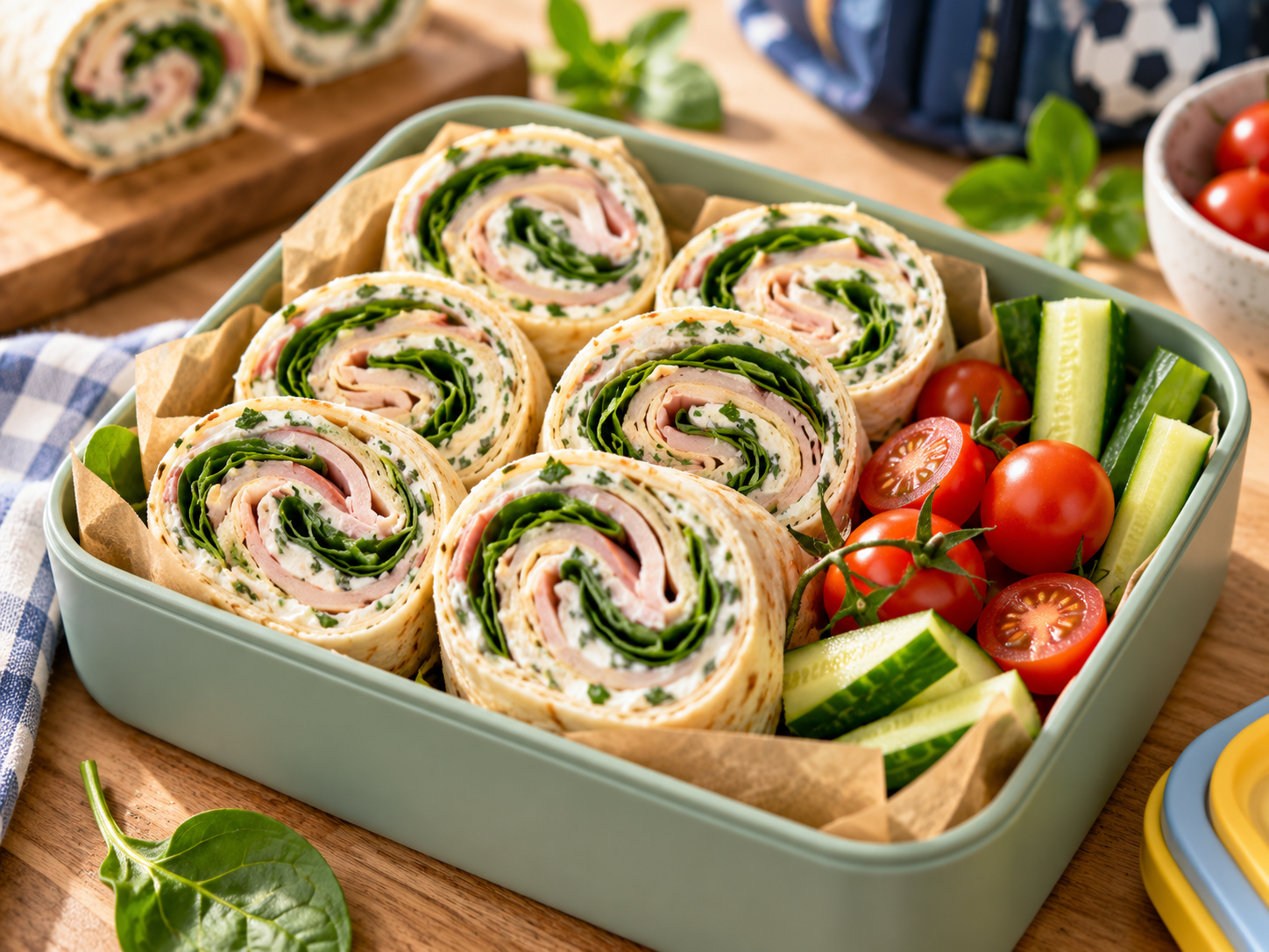 Tortillové spirálky s bylinkovou pomazánkou, špenátem a šunkou v krabičce.