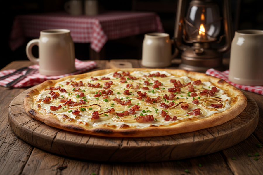 Tarte flambée (Flammkuchen) se slaninou a cibulí
