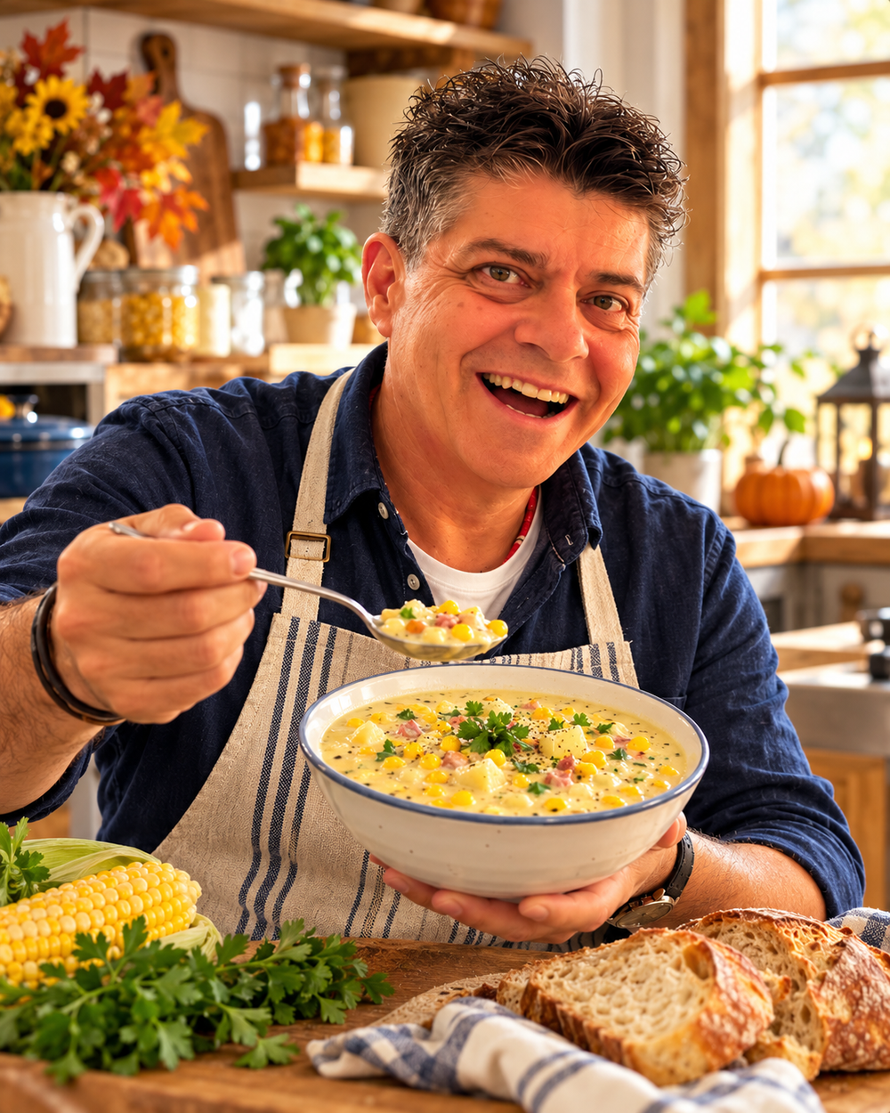 Majkl se svým receptem Americká krémová kukuřičná polévka Corn Chowder, unikátní schválená fotografie pod HERO