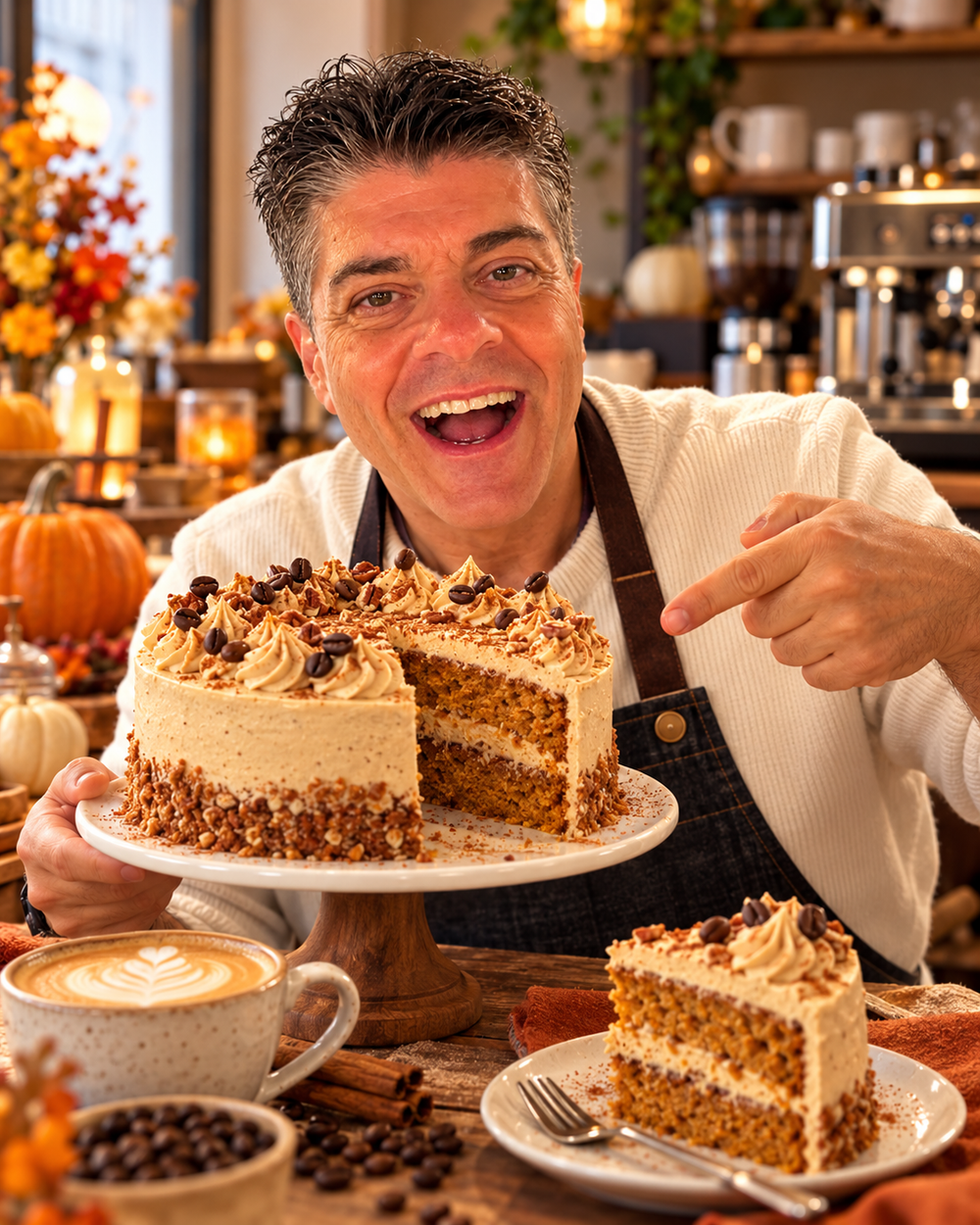 Majkl s jídlem Pumpkin Spice Latte dort – vláčný dýňový dort s espresso krémem, jedinečná schválená fotografie pod HERO