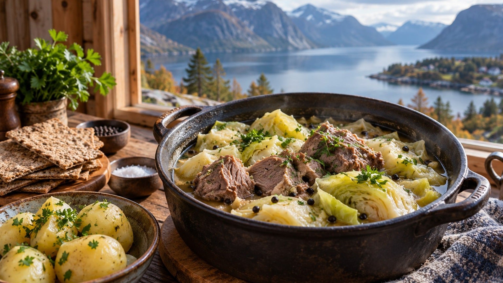 Norský pokrm fårikål s jehněčím, zelím a bramborami u okna s výhledem na fjord